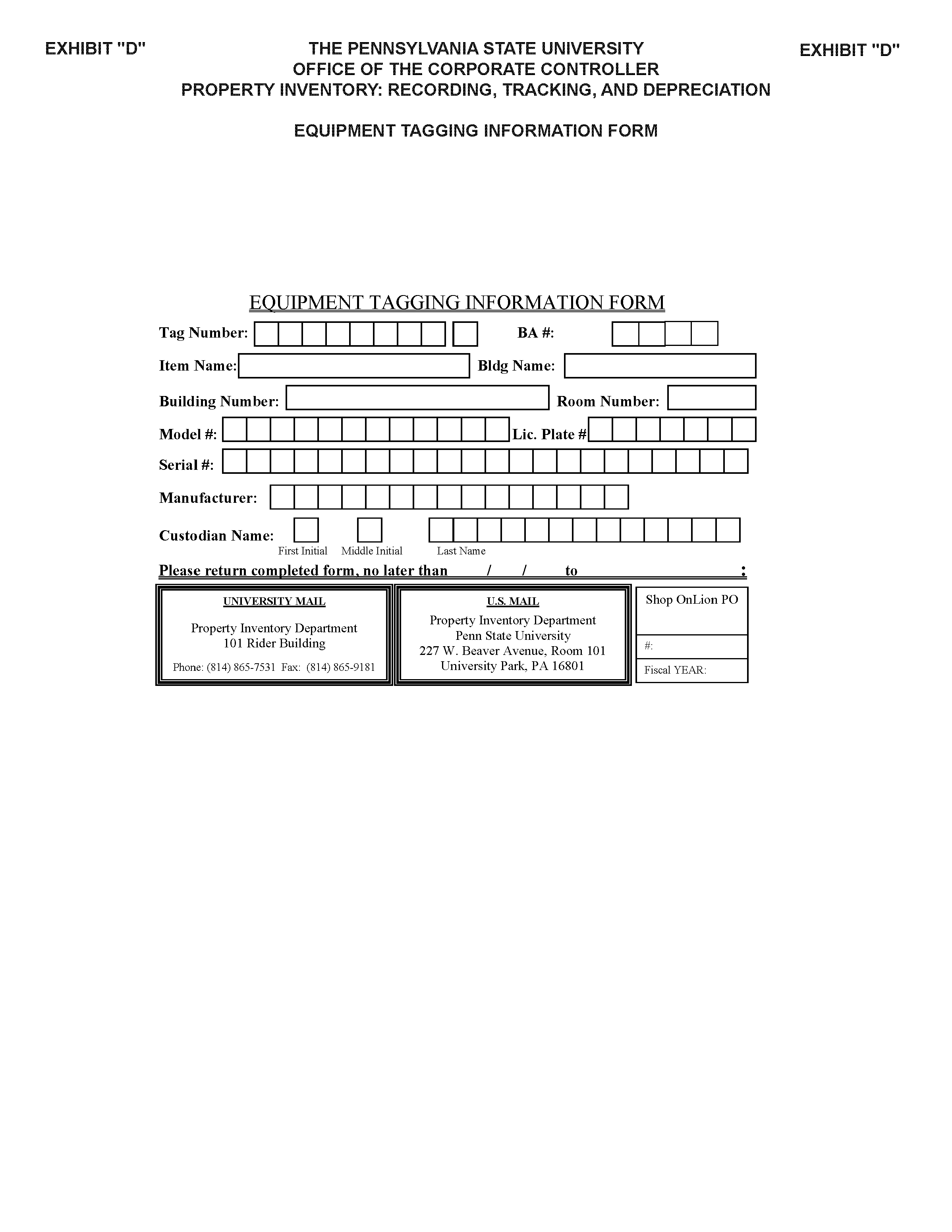 Image of Exhibit D - Equipment Tagging Information Form