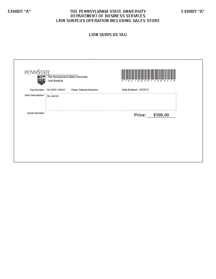 Image of Exhibit A - Lion Surplus Tag