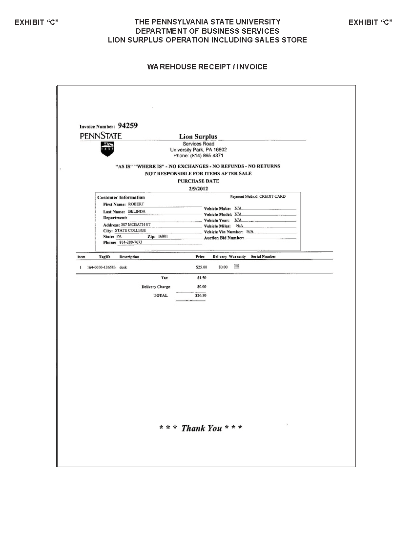 Image of Exhibit C - Warehose Receipt/Invoice