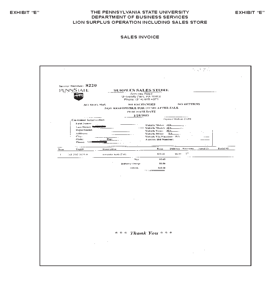 Image of Exhibit E - Sales Invoice