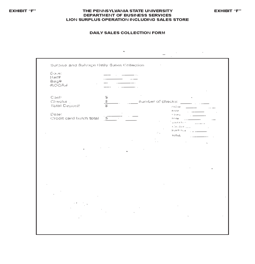 Image of Exhibit F - Daily Sales Collection Form