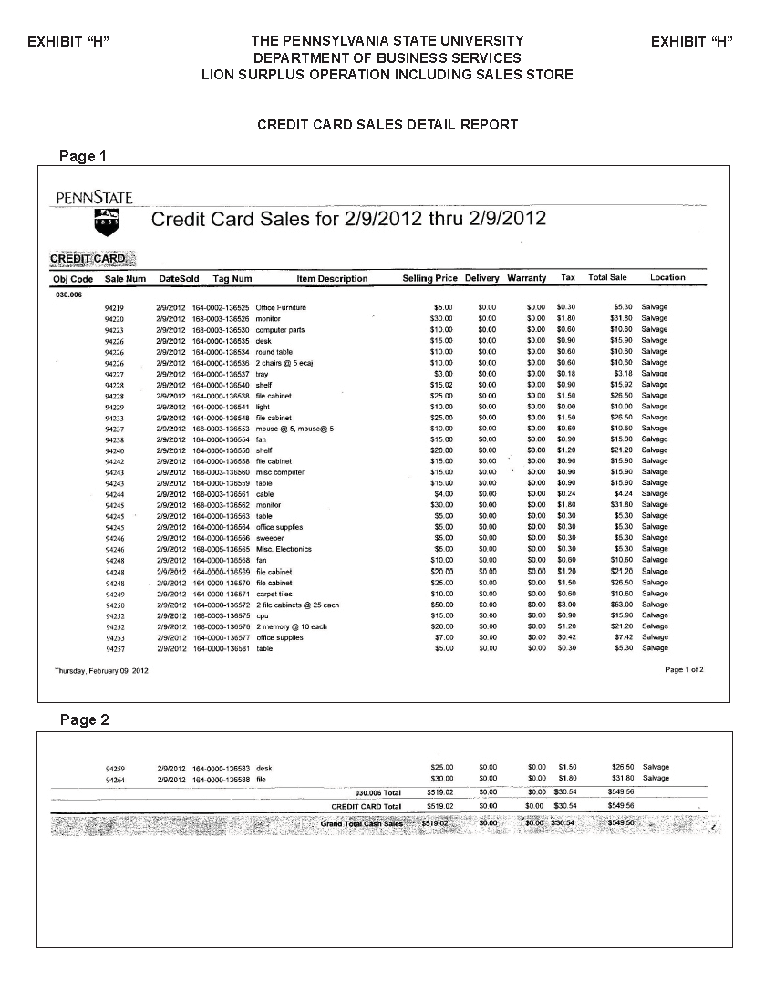 Image of Exhibit H - Credit Card Sales Detail Report