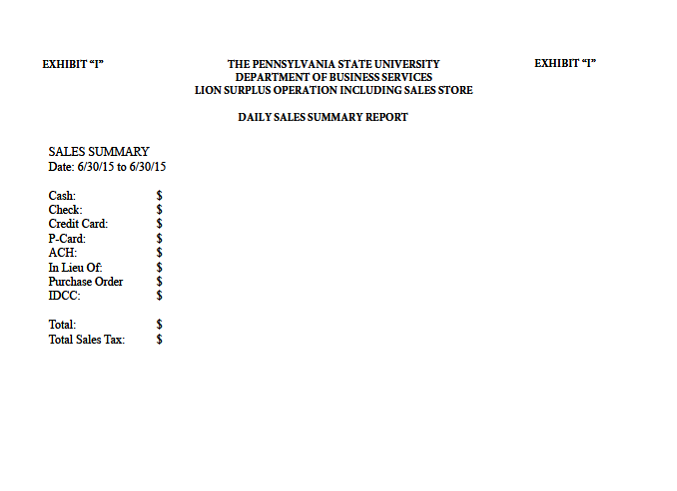 Image of Exhibit I - Daily Sales Summary Report